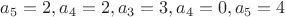 $a_5=2, a_4=2, a_3=3, a_4=0, a_5=4$