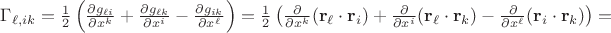 $\Gamma_{\ell, ik}=\frac 1 2\left(\frac{\partial g_{\ell i}}{\partial x^k}+\frac{\partial g_{\ell k}}{\partial x^i}-\frac{\partial g_{ik}}{\partial x^\ell}\right)=\frac 1 2\left(\frac{\partial}{\partial x^k}(\mathbf r_\ell \cdot \mathbf r_i)+\frac{\partial}{\partial x^i}(\mathbf r_\ell \cdot \mathbf r_k)-\frac{\partial}{\partial x^\ell}(\mathbf r_i \cdot \mathbf r_k)\right)=$