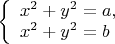 $ \left\{ \begin{array}{l} x^2+y^2=a,\\x^2+y^2 =b \end{array} \right. $