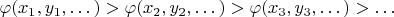 $\varphi(x_1,y_1,\dots)>\varphi(x_2,y_2,\dots)>\varphi(x_3,y_3,\dots)>\dots$