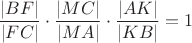 $$
\frac{|BF|}{|FC|} \cdot \frac{|MC|}{|MA|} \cdot \frac{|AK|}{|KB|} = 1
$$
