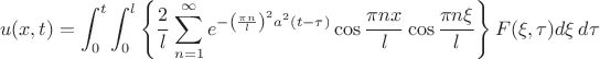 $$
u(x,t)=\int_{0}^{t}\int_{0}^{l}\left\{ \frac{2}{l}\sum_{n=1}^{\infty}e^{-\left(\frac{\pi n}{l}\right)^{2}a^{2}(t-\tau)}\cos\frac{\pi nx}{l}\cos\frac{\pi n\xi}{l}\right\} F(\xi,\tau)d\xi\, d\tau$$