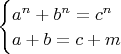 $\begin{cases}a^n+b^n=c^n\\a+b=c+m\end{cases}$