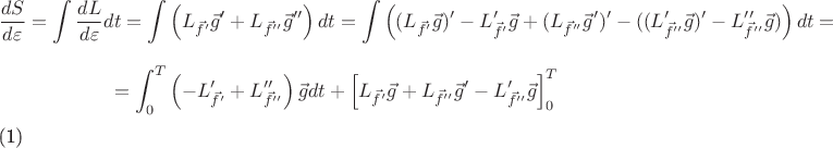 $$\frac {dS}{d\varepsilon}  = \int \frac {dL}{d\varepsilon} dt = \int \left( L_{\vec f'} \vec g' + L_{\vec f''} \vec g'' \right) dt = \int \left( (L_{\vec f'} \vec g)' - L'_{\vec f'} \vec g + (L_{\vec f''} \vec g')' - ((L'_{\vec f''} \vec g)' - L''_{\vec f''} \vec g) \right) dt =$$ $$= \int_0^T \left( -L'_{\vec f'} + L''_{\vec f''} \right) \vec g dt + \left[ L_{\vec f'} \vec g + L_{\vec f''} \vec g' - L'_{\vec f''} \vec g \right]_0^T$$ (1)