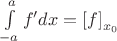 $\[\int\limits_{ - a}^a {f'dx}  = \left[ f \right]_{x_0 } \]$