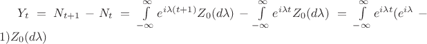$Y_t = N_{t+1}-N_t = \int\limits_{-\infty}^{\infty} e^{i \lambda (t+1)}Z_0(d \lambda)-\int\limits_{-\infty}^{\infty} e^{i \lambda t}Z_0(d \lambda) = \int\limits_{-\infty}^{\infty} e^{i \lambda t}(e^{i \lambda}-1)Z_0(d \lambda)$