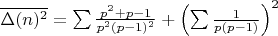 $\overline{ \Delta(n)^2}=\sum\frac{p^2+p-1}{p^2(p-1)^2}+\left(\sum\frac{1}{p(p-1)}\right)^2$
