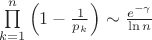$\prod\limits_{k=1}^n\left(1-\frac{1}{p_k}\right)\sim\frac{e^{-\gamma}}{\ln n}$