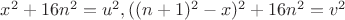 $x^2+16n^2=u^2, ((n+1)^2-x)^2+16n ^2=v^2$