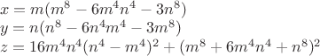 $\\x=m(m^8-6m^4n^4-3n^8)\\
y=n(n^8-6n^4m^4-3m^8)\\
z=16m^4n^4(n^4-m^4)^2+(m^8+6m^4n^4+n^8)^2$