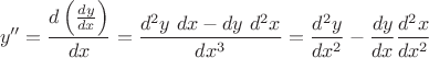 $$y''=\frac{d\left(\frac{dy}{dx}\right)}{dx}=\frac{d^2y\ dx-dy\ d^2x}{dx^3}=\frac{d^2y}{dx^2}-\frac{dy}{dx}\frac{d^2x}{dx^2}$$