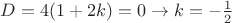 $D=4(1+2k)=0\to k=-\frac 12$