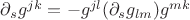 $\partial_s g^{jk} = - g^{jl}(\partial_s g_{lm}) g^{mk}$