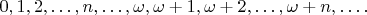 $$0,1,2, \dots, n, \dots, \omega, \omega +1, \omega+2, \dots, \omega+n, \dots.$$