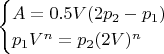 $$
\begin{cases}
A=0.5V(2p_2-p_1)\\
p_1V^n=p_2(2V)^n
\end{cases}
$$