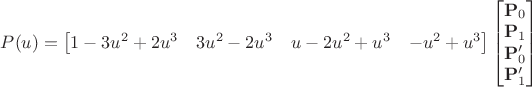 $P(u) = \begin{bmatrix} 1 - 3u^2 + 2u^3 & 3u^2 - 2u^3 & u-2u^2+u^3 & -u^2 + u^3 \end{bmatrix}\begin{bmatrix}\mathbf{P}_0 \\ \mathbf{P}_1 \\ \mathbf{P}^\prime_0 \\ \mathbf{P}^\prime_1\end{bmatrix}$