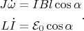 $$ \begin{align*} J\dot{\omega}&=IBl\cos\alpha\\ L\dot{I}&=\mathcal{E}_0 \cos\alpha \end{align*}.$$