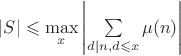 $|S|\leqslant \max\limits_x\left|\sum\limits_{d|n, d\leqslant x}\mu(n)\right|$