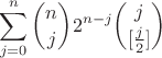 $$\sum\limits_{j=0}^{n}{n\choose j}2^{n-j}{j\choose [\frac{j}{2}]}$$