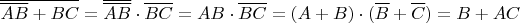 $\overline{\overline{AB}+{BC}} =\overline{\overline{AB}}\cdot \overline{BC}=AB\cdot\overline{BC}=(A+B)\cdot (\overline{B}+\overline{C})=B+AC$