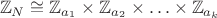 $$\mathbb{Z}_N\cong\mathbb{Z}_{a_1}\times\mathbb{Z}_{a_2}\times\ldots\times\mathbb{Z}_{a_k}$$