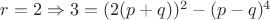 $r=2\Rightarrow 3=(2(p+q))^2-(p-q)^4$
