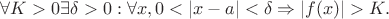 $\forall  K >0  \exists  \delta>0:  \forall x, 0<|x-a|<\delta \Rightarrow |f(x)|>K.$