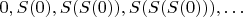 $0,S(0),S(S(0)),S(S(S(0))),\ldots$