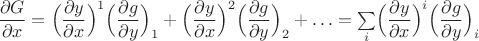 $\dfrac{\partial G}{\partial x}=\Bigl(\dfrac{\partial y}{\partial x}\Bigr)^1\Bigl(\dfrac{\partial g}{\partial y}\Bigr)_1+\Bigl(\dfrac{\partial y}{\partial x}\Bigr)^2\Bigl(\dfrac{\partial g}{\partial y}\Bigr)_2+\ldots=\sum\limits_i\Bigl(\dfrac{\partial y}{\partial x}\Bigr)^i\Bigl(\dfrac{\partial g}{\partial y}\Bigr)_i$