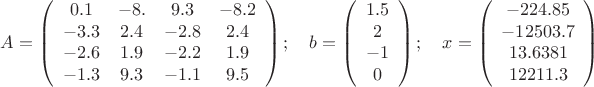 $$A=\left(
\begin{array}{cccc}
0.1 & -8. & 9.3 & -8.2 \\
-3.3 & 2.4 & -2.8 & 2.4 \\
-2.6 & 1.9 & -2.2 & 1.9 \\
-1.3 & 9.3 & -1.1 & 9.5
\end{array}
\right);\quad b=\left(
\begin{array}{c}
1.5 \\
2 \\
-1 \\
0
\end{array}
\right);\quad x=\left(
\begin{array}{c}
-224.85 \\
-12503.7\\
13.6381 \\
12211.3
\end{array}
\right)$$ $$A=\left(
\begin{array}{cccc}
0.1 & -8. & 9.3 & -8.2 \\
-3.3 & 2.4 & -2.8 & 2.4 \\
-2.6 & 1.9 & -2.2 & 1.9 \\
-1.3 & 9.3 & -1.1 & 9.5
\end{array}
\right);\quad b=\left(
\begin{array}{c}
1.5 \\
2 \\
-1 \\
0
\end{array}
\right);\quad x=\left(
\begin{array}{c}
-224.85 \\
-12503.7\\
13.6381 \\
12211.3
\end{array}
\right)$$