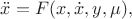 $\ddot x=F(x,\dot x,y,\mu),$ $\ddot x=F(x,\dot x,y,\mu),$
