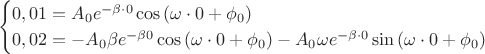 $$\begin{cases}
0,01 = A_0 e^{-\beta \cdot 0} \cos{(\omega \cdot 0 + \phi_0)} \\
0,02 = - A_0 \beta e^{-\beta 0} \cos{(\omega \cdot 0 + \phi_0)} - A_0 \omega e^{-\beta  \cdot 0} \sin{(\omega  \cdot 0 + \phi_0)}
\end{cases}$$
