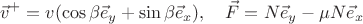 $$\vec v^+=v(\cos\beta \vec e_y+\sin\beta \vec e_x),\quad \vec F=N\vec e_y-\mu N\vec e_x$$
