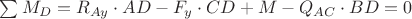 $\sum M_{D}=R_{Ay}\cdot AD-F_{y}\cdot{CD}+M-Q_{AC}\cdot BD=0$