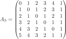 $A_5=\begin{pmatrix}0&1&2&3&4&1\\ 1&0&1&2&3&1\\ 2&1&0&1&2&1\\ 3&2&1&0&1&1\\ 4&3&2&1&0&1\\ 5&4&3&2&1&1\end{pmatrix}$