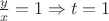 $\frac{y}{x} = 1 \Rightarrow t = 1$