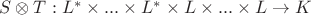 $S \otimes T: L^* \times ... \times L^* \times L \times ... \times L \rightarrow K$