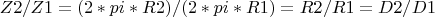 $$Z2/Z1=(2*pi*R2)/(2*pi*R1)=R2/R1=D2/D1$$