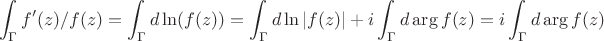 $$\int_\Gamma f'(z)/f(z)=\int_\Gamma d\ln(f(z))=\int_\Gamma d\ln|f(z)|+ i\int_\Gamma d \arg f(z)=i\int_\Gamma d \arg f(z)$$