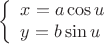 \[
\left\{ \begin{array}{l}
 x = a\cos u \\ 
 y = b\sin  u\\ 
 \end{array} \right.
\]