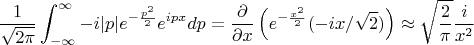 $$\frac{1}{\sqrt{2\pi}}\int_{-\infty}^{\infty}{-i|p|e^{-\frac{p^2}{2}}e^{ipx}dp}=\frac{\partial}{\partial x}\left(e^{-\frac{x^2}{2}}\erf(-ix/\sqrt{2})\right)\approx\sqrt{\frac{2}{\pi}}\frac{i}{x^2}$$