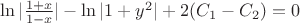 $\ln |\frac{1+x}{1-x}|-\ln |1+y^2|+2(C_1-C_2)=0$