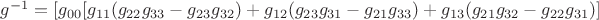 ${g^{-1}} = {{[{g_{00}}[{g_{11}}({g_{22}}{g_{33}} - {g_{23}}{g_{32}}) + {g_{12}}({g_{23}}{g_{31}} - {g_{21}}{g_{33}}) + {g_{13}}({g_{21}}{g_{32}} - {g_{22}}{g_{31}})] $