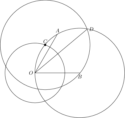 $$
\begin{tikzpicture}
\coordinate (O) at (0, 0);
\coordinate (B) at (0:3);
\coordinate (A) at (60:3);
\draw (O) node [left] {$O$} -- (A) node [above] {$A$};
\draw (O) -- (B) node [below] {$B$};
\draw (O) circle (2cm);
\draw (B) circle (3cm);
\coordinate (C) at (70:2);
\draw (C) node [above] {$C$} circle (3cm);
\fill (C) circle (2pt);
\coordinate (D) at (40:4.560478);
\draw (O) -- (D) node [right] {$D$};
\end{tikzpicture}
$$