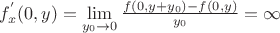 $
f^{'}_{x}(0, y) = \lim \limits_{y_{0} \to 0}{\frac{f(0, y + y_{0}) - f(0, y)}{y_{0}} = \infty
$