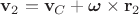 $\mathbf v_2=\mathbf v_C+\boldsymbol{\omega}\times\mathbf r_2$