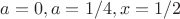 $a=0, a=1/4, x=1/2$