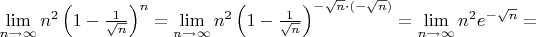 \lim\limits_{n\to\infty}n^2\left(1-\frac{1}{\sqrt{n}}\right)^n=\lim\limits_{n\to\infty}n^2\left(1-\frac{1}{\sqrt{n}}\right)^{-\sqrt{n}\cdot(-\sqrt{n})}=\lim\limits_{n\to\infty}n^2e^{-\sqrt{n}}=