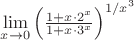 $\lim\limits_{x\to 0}\left(\frac{1+x\cdot2^x}{1+x\cdot3^x}\right)^{1/x^3}$