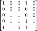 $\begin{bmatrix}
1 & 0 & 0 & 1 & 0 \\
0 & 0 & 0 & 0 & 0 \\
0 & 1 & 1 & 0 & 0 \\
0 & 1 & 1 & 1 & 1 \\
1 & 1 & 0 & 1 & 1 \\
\end{bmatrix}$
